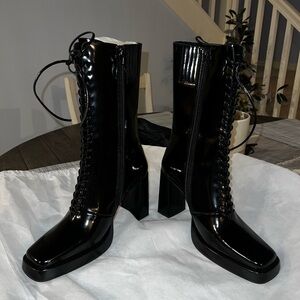 Jeffrey Campbell Shiny Black Lace-Up Boots
